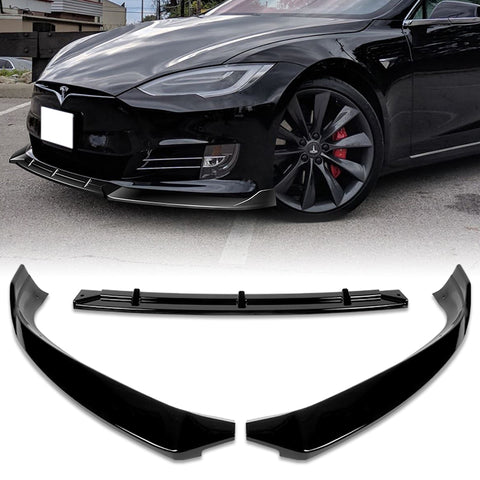 For 2016-2020 Tesla Model S STP-Style Painted Black Front Bumper Spoiler Lip Kit + 31"x4" Universal Painted Black Side Skirt Rocker Splitters Diffuser Winglet Wind  5 pieces