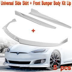 For 2016-2020 Tesla Model S STP-Style Painted White Front Bumper Spoiler Lip Kit + 31"x4" Universal Painted White Side Skirt Rocker Splitters Diffuser Winglet Wind  5 pieces