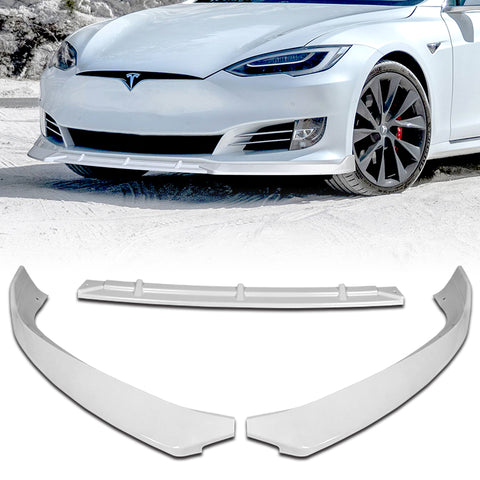 For 2016-2020 Tesla Model S STP-Style Painted White Front Bumper Spoiler Lip Kit + 31"x4" Universal Painted White Side Skirt Rocker Splitters Diffuser Winglet Wind  5 pieces
