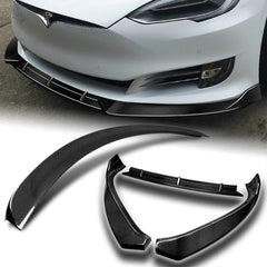 For 2016-2020 Tesla Model S Real Carbon Fiber Front Bumper Splitter Spoiler Lip  3pcs + For 2012-2024 Tesla Model S OE-Style Real Carbon Fiber Trunk Lid Spoiler Wing