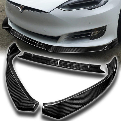 For 2016-2020 Tesla Model S Real Carbon Fiber Front Bumper Splitter Spoiler Lip  3pcs + For 2012-2024 Tesla Model S OE-Style Real Carbon Fiber Trunk Lid Spoiler Wing