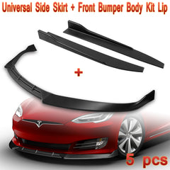 For 2016-2020 Tesla Model S STP-Style Matt Black Front Bumper Body Spoiler Lip + 31" x 4" Universal Black Car side Skirt Rocker Splitters Diffuser Winglet Wind  5 pieces