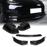 For 2017-2023 Tesla Model 3 Sedan Real Carbon Front Bumper Body Kit Lip 3pcs + For 2017-2023 Tesla Model 3 Real Carbon Fiber Side View Mirror Covers Cap Trim  2pcs