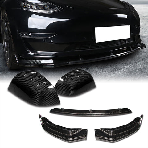 For 2017-2023 Tesla Model 3 Sedan Real Carbon Front Bumper Body Kit Lip 3pcs + For 2017-2023 Tesla Model 3 Real Carbon Fiber Side View Mirror Covers Cap Trim  2pcs
