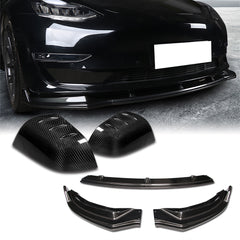 For 2017-2023 Tesla Model 3 Sedan Real Carbon Front Bumper Body Kit Lip 3pcs + For 2017-2023 Tesla Model 3 Real Carbon Fiber Side View Mirror Covers Cap Trim  2pcs