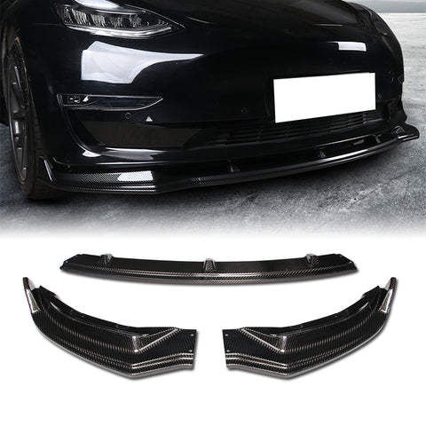 For 2017-2023 Tesla Model 3 Sedan Real Carbon Front Bumper Body Kit Lip 3pcs + For 2017-2023 Tesla Model 3 Real Carbon Fiber Side View Mirror Covers Cap Trim  2pcs