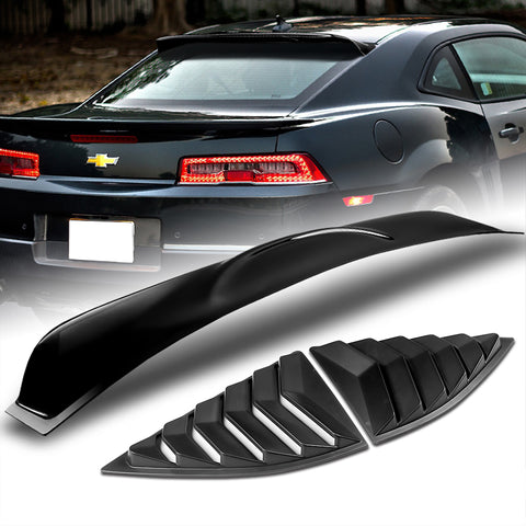 For 2010-2015 Chevy Camaro Coupe Black ABS Rear Window Roof Visor Spoiler Wing + For 2010-2015 Chevy Camaro ABS Black Side Window Louvers Scoop Cover Vent