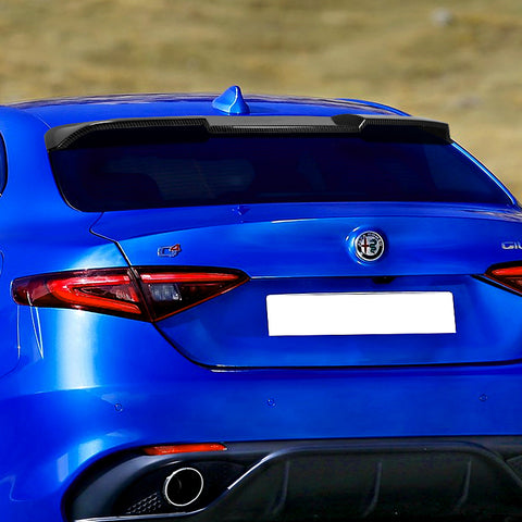 For 2017-2021 Alfa Romeo Giulia Carbon Look Front Bumper Body Kit Spoiler Lip 3pcs + For 2017-2023 Alfa Romeo Giulia W-Power Carbon Look V-Style Trunk Spoiler Wing + For 2017-2023 Alfa Romeo Giulia W-Power Carbon Look Rear Roof Visor Spoiler Wing