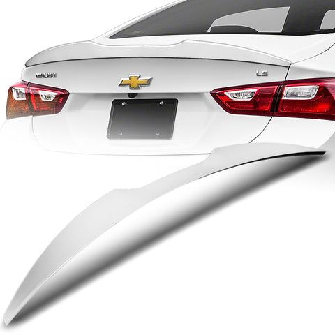 For 2019-2021 Chevrolet Malibu Painted White Front Bumper Body Kit Spoiler Lip  3pcs + For 2016-2024 Chevy Malibu W-Power Pearl White V-Style Trunk Lid Spoiler Wing