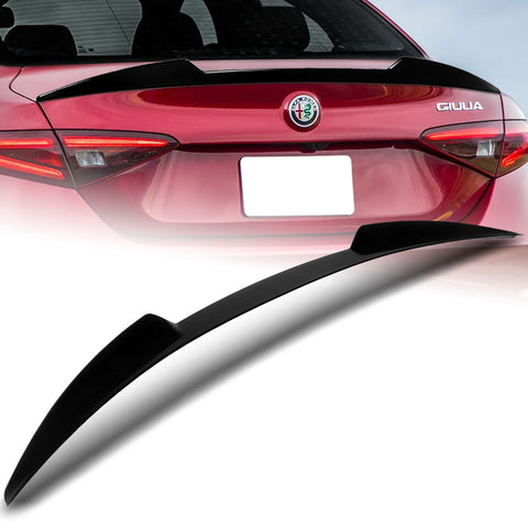 For 2017-2021 Alfa Romeo Giulia Painted Black Front Bumper Body Kit Spoiler Lip 3pcs + For 2017-2023 Alfa Romeo Giulia W-Power Pearl Black V-Style Trunk Spoiler Wing + For 2017-2023 Alfa Romeo Giulia W-Power Pearl Black Rear Roof Visor Spoiler Wing