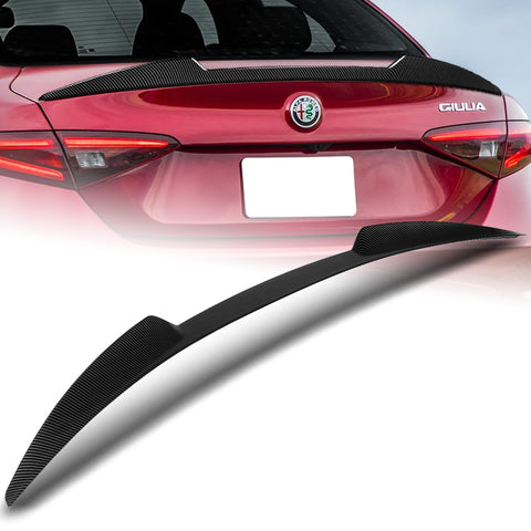 For 2017-2021 Alfa Romeo Giulia Carbon Look Front Bumper Body Kit Spoiler Lip 3pcs + For 2017-2023 Alfa Romeo Giulia W-Power Carbon Look V-Style Trunk Spoiler Wing + For 2017-2023 Alfa Romeo Giulia W-Power Carbon Look Rear Roof Visor Spoiler Wing
