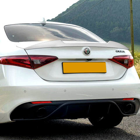 For 2017-2021 Alfa Romeo Giulia Painted White Front Bumper Body Kit Spoiler Lip 3pcs + For 2017-2023 Alfa Romeo Giulia W-Power Pearl White V-Style Trunk Spoiler Wing +