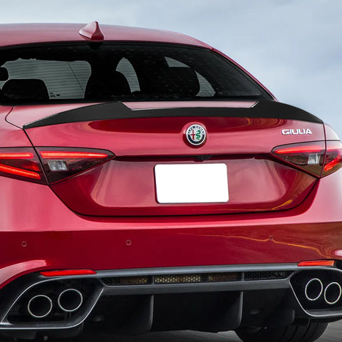 For 2017-2021 Alfa Romeo Giulia Matt Black Front Bumper Body Kit Spoiler Lip 3pcs + For 2017-2023 Alfa Romeo Giulia W-Power Primer Black V-Style Trunk Spoiler Wing + For 2017-2023 Alfa Romeo Giulia W-Power ABS Black Rear Roof Visor Spoiler Wing