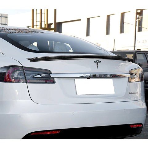For 2016-2020 Tesla Model S Real Carbon Fiber Front Bumper Splitter Spoiler Lip  3pcs + For 2012-2024 Tesla Model S OE-Style Real Carbon Fiber Trunk Lid Spoiler Wing