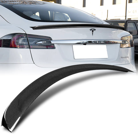 For 2016-2020 Tesla Model S Real Carbon Fiber Front Bumper Splitter Spoiler Lip  3pcs + For 2012-2024 Tesla Model S OE-Style Real Carbon Fiber Trunk Lid Spoiler Wing