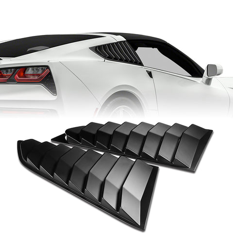 For 2014-2019 Chevrolet Corvette C7 ST-Style Matt Black Front Bumper Spoiler Lip 3pcs + For 2014-2019 Corvette C7 Black Side Window Louvers Scoop Sunshade Cover Vent