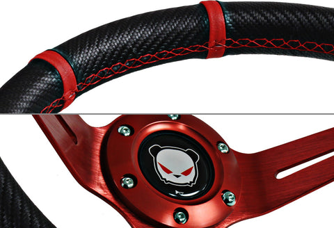 350MM Deep Dish Drift Style Red Stitch Carbon PVC Leather 6 Hole Steering Wheel