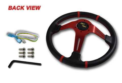 350MM Deep Dish Drift Style Red Stitch Carbon PVC Leather 6 Hole Steering Wheel