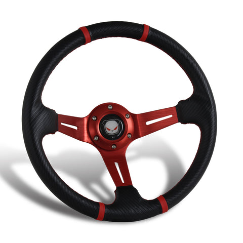 350MM Deep Dish Drift Style Red Stitch Carbon PVC Leather 6 Hole Steering Wheel