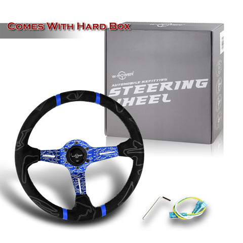 W-Power 14" Black Alcantara Double Blue Stripe 4" Deep Dish Ultra Steering Wheel