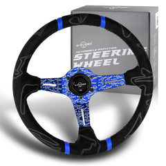 W-Power 14" Black Alcantara Double Blue Stripe 4" Deep Dish Ultra Steering Wheel