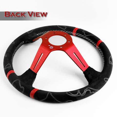 W-Power 14" Black Alcantara Double Red Stripe 4" Deep Dish Ultra Steering Wheel