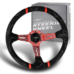 W-Power 14" Black Alcantara Double Red Stripe 4" Deep Dish Ultra Steering Wheel