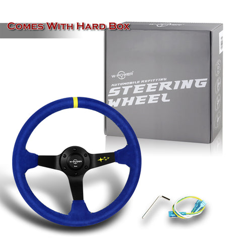 W-Power 350MM Blue Premium Suede Yellow Stripe 14-Inch Steering Wheel 4" Deep
