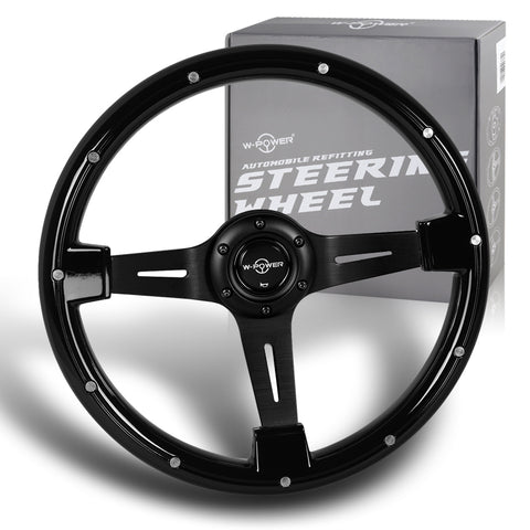 W-Power 14" Black Galaxy Classic Wood 6-Hole 3-Spoke Black Center Steering Wheel