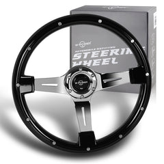 W-Power 14" Black Galaxy Classic Wood 6-Hole Spoke Chrome Center Steering Wheel