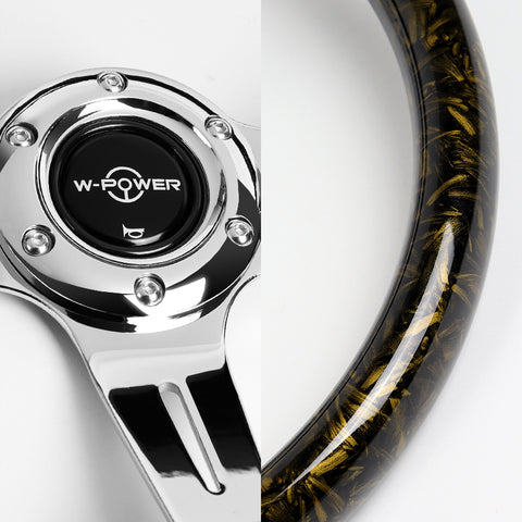 W-Power 14" Forged Gold Carbon Fiber 6-Hole 3-Spoke Chrome Center Steering Wheel