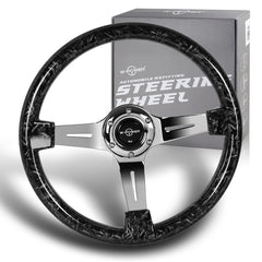 W-Power 14" Forged Black Carbon Fiber 6-Hole Spoke Chrome Center Steering Wheel