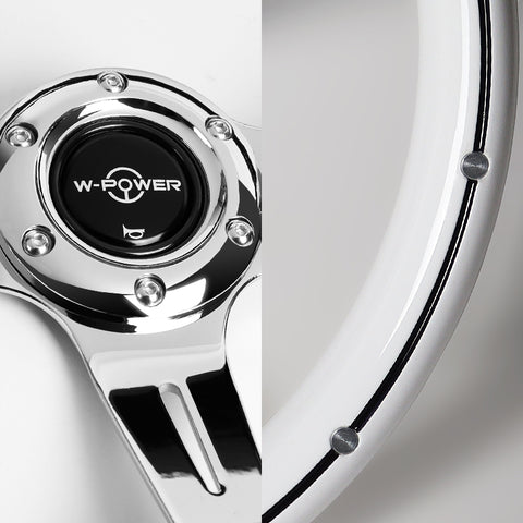 W-Power 14" White Galaxy Classic Wood 6-Hole Spoke Chrome Center Steering Wheel