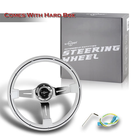 W-Power 14" White Galaxy Classic Wood 6-Hole Spoke Chrome Center Steering Wheel