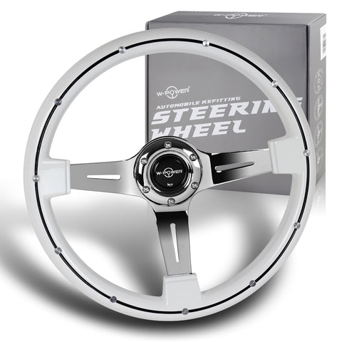 W-Power 14" White Galaxy Classic Wood 6-Hole Spoke Chrome Center Steering Wheel