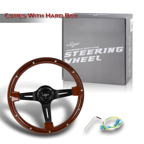 W-Power 14" Dark Classic Wood Grain 6-Hole 3-Spoke Black Center Steering Wheel