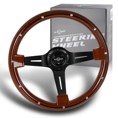 W-Power 14" Dark Classic Wood Grain 6-Hole 3-Spoke Black Center Steering Wheel