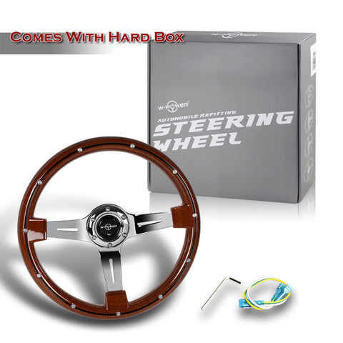 W-Power 14" Dark Classic Wood Grain 6-Hole 3-Spoke Chrome Center Steering Wheel