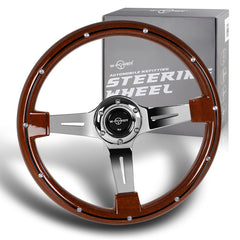 W-Power 14" Dark Classic Wood Grain 6-Hole 3-Spoke Chrome Center Steering Wheel