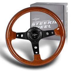 W-Power 330mm Classic Dark Brown Wood 6-Hole Black 3-Spoke 13" Steering Wheel