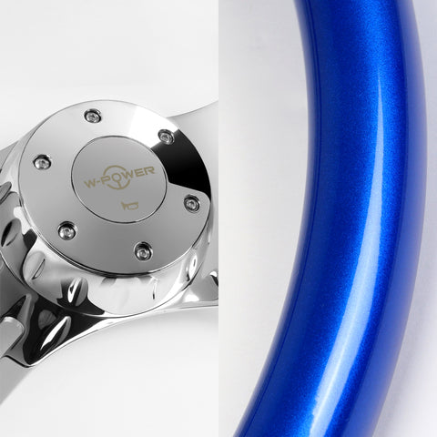 W-Power 406mm Blue Wood Grip 5-Hole Chrome 4-Spoke 16-Inch Steering Wheel + Horn