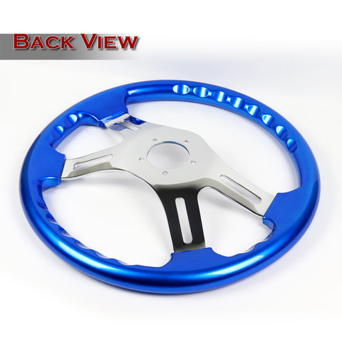 W-Power 406mm Blue Wood Grip 5-Hole Chrome 4-Spoke 16-Inch Steering Wheel + Horn