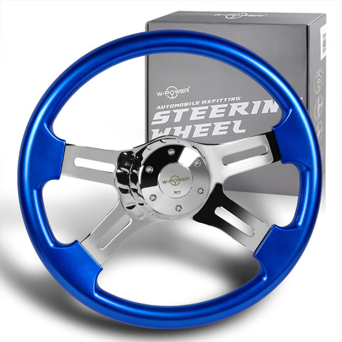 W-Power 406mm Blue Wood Grip 5-Hole Chrome 4-Spoke 16-Inch Steering Wheel + Horn