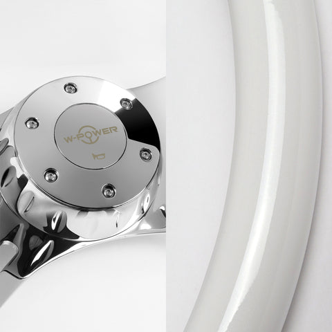 W-Power 406mm White Wood Grip 5-Hole Chrome 4-Spoke 16-Inch Steering Wheel +Horn