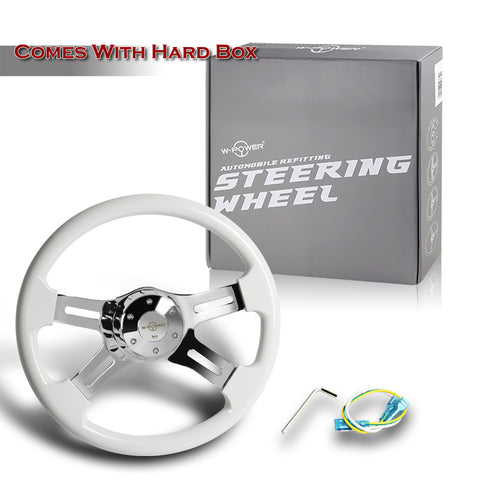 W-Power 406mm White Wood Grip 5-Hole Chrome 4-Spoke 16-Inch Steering Wheel +Horn