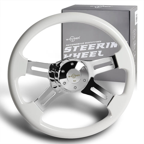 W-Power 406mm White Wood Grip 5-Hole Chrome 4-Spoke 16-Inch Steering Wheel +Horn