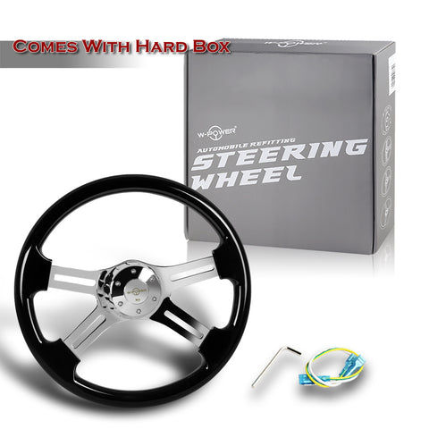 W-Power 457mm Black Wood Grip 5-Hole Chrome 4-Spoke 18-Inch Steering Wheel +Horn