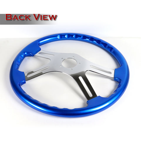 W-Power 457mm Blue Wood Grip 5-Hole Chrome 4-Spoke 18-Inch Steering Wheel + Horn