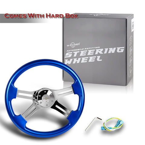 W-Power 457mm Blue Wood Grip 5-Hole Chrome 4-Spoke 18-Inch Steering Wheel + Horn