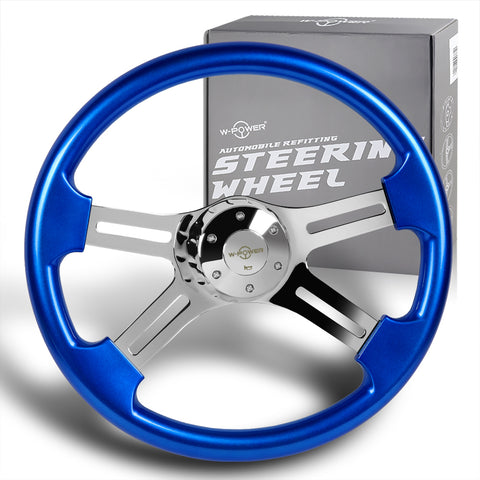 W-Power 457mm Blue Wood Grip 5-Hole Chrome 4-Spoke 18-Inch Steering Wheel + Horn
